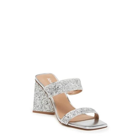 ABOUND "Carina" Block Triangle Heel Sandals Silver Glitter Slides - Picture 1 of 11